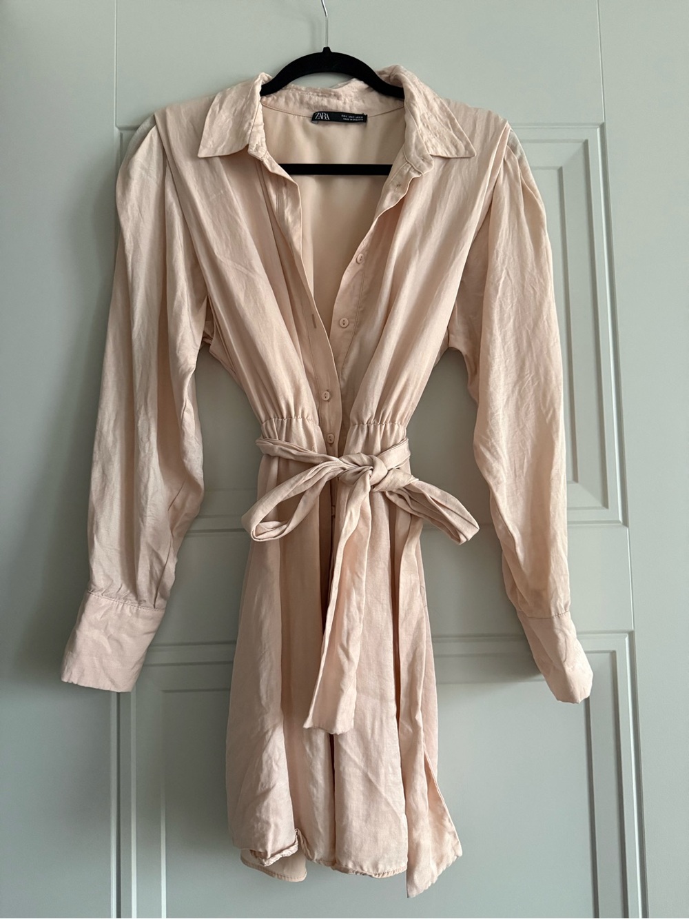 Zara Light Pink Button-Front Tie-Waist Long Sleeve Dress